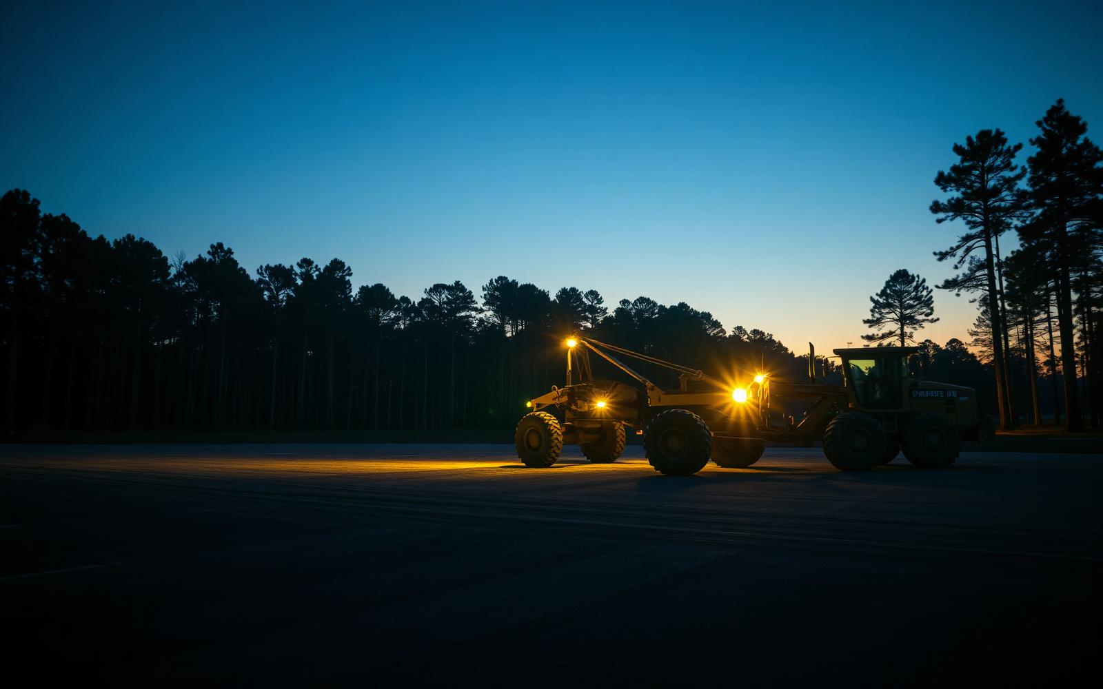 Grading equipment parked on a freshly graded site at dusk