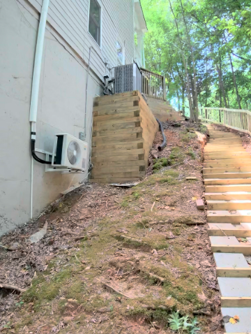 Slope beside a house cleared of overgrowth next to timber steps and retaining wall