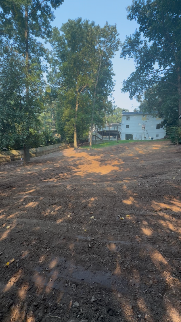 Wide backyard regraded flat behind a two-story home with trees left in place