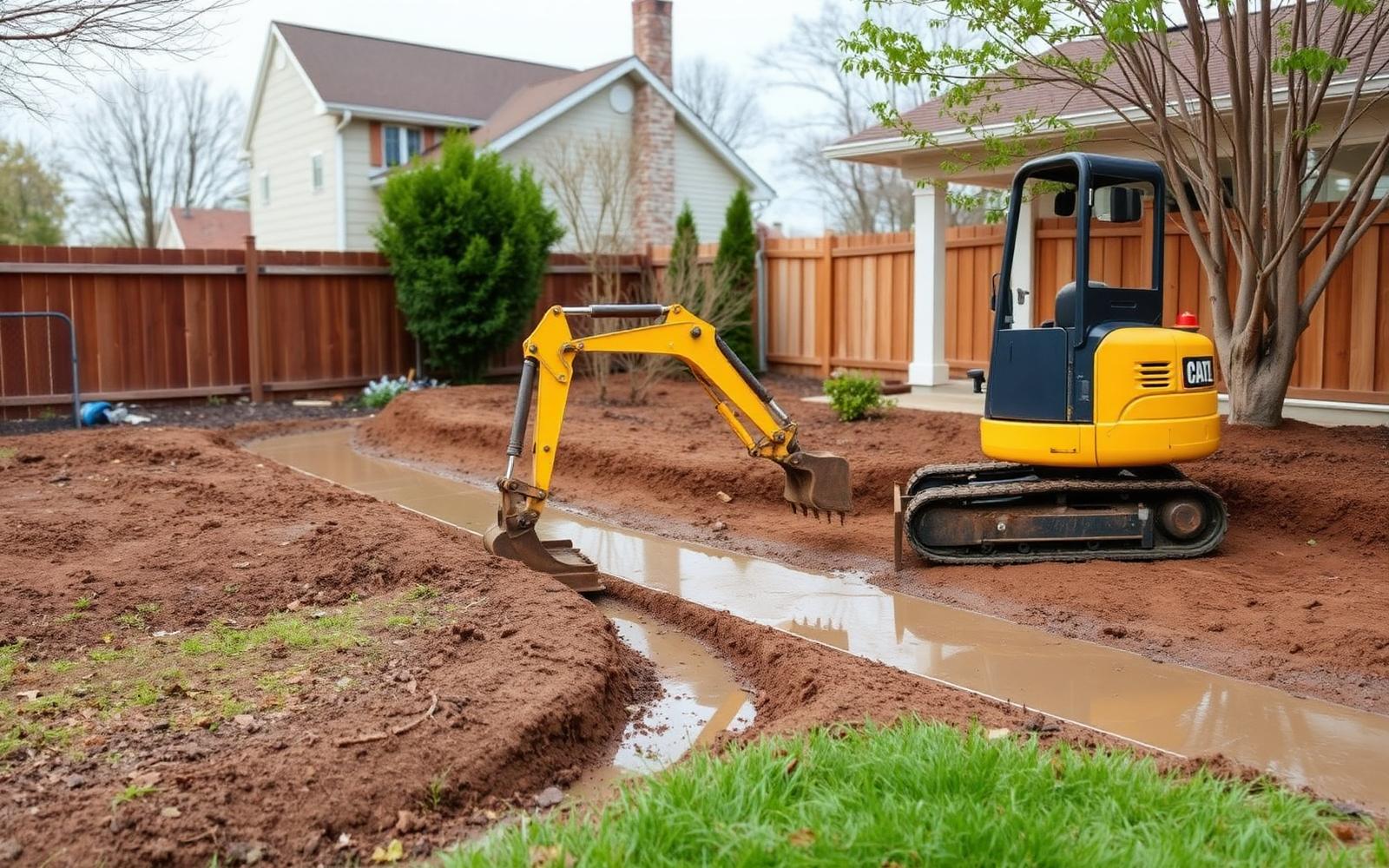 Mini excavator shaping a drainage swale to move water away from a house